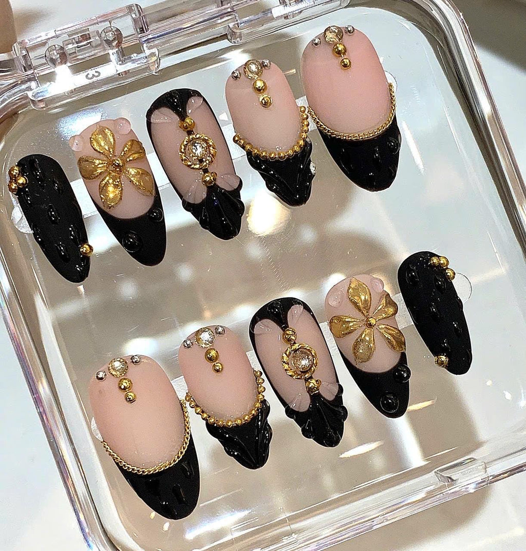 Black Gold Luxury Press On Nails | Nude French Tip Nails