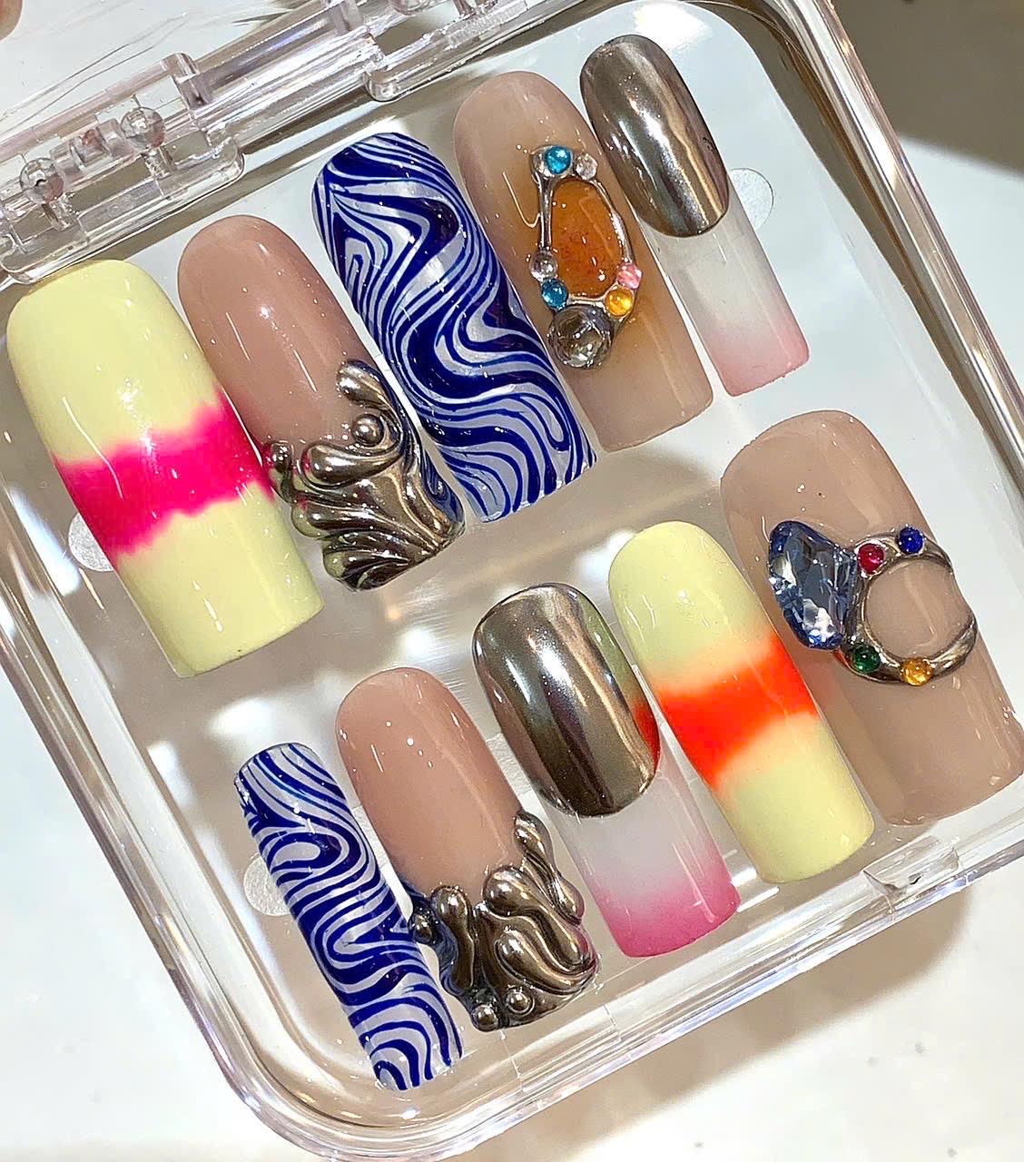 Mixed Design Press On Nails | Chrome Silver Nails | Blue Swirl Nail Art