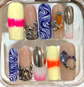 Mixed Design Press On Nails | Chrome Silver Nails | Blue Swirl Nail Art