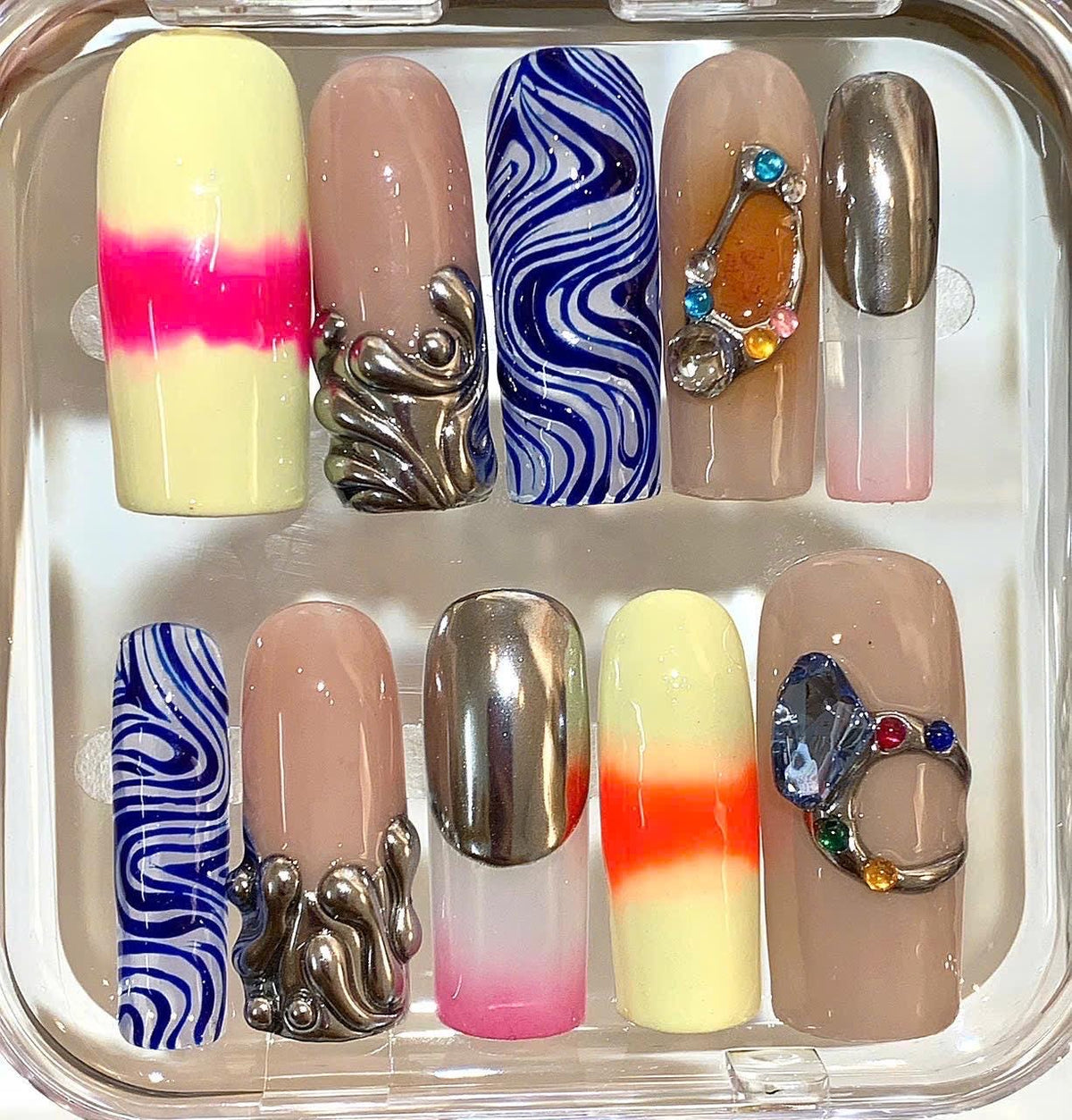 Mixed Design Press On Nails | Chrome Silver Nails | Blue Swirl Nail Art