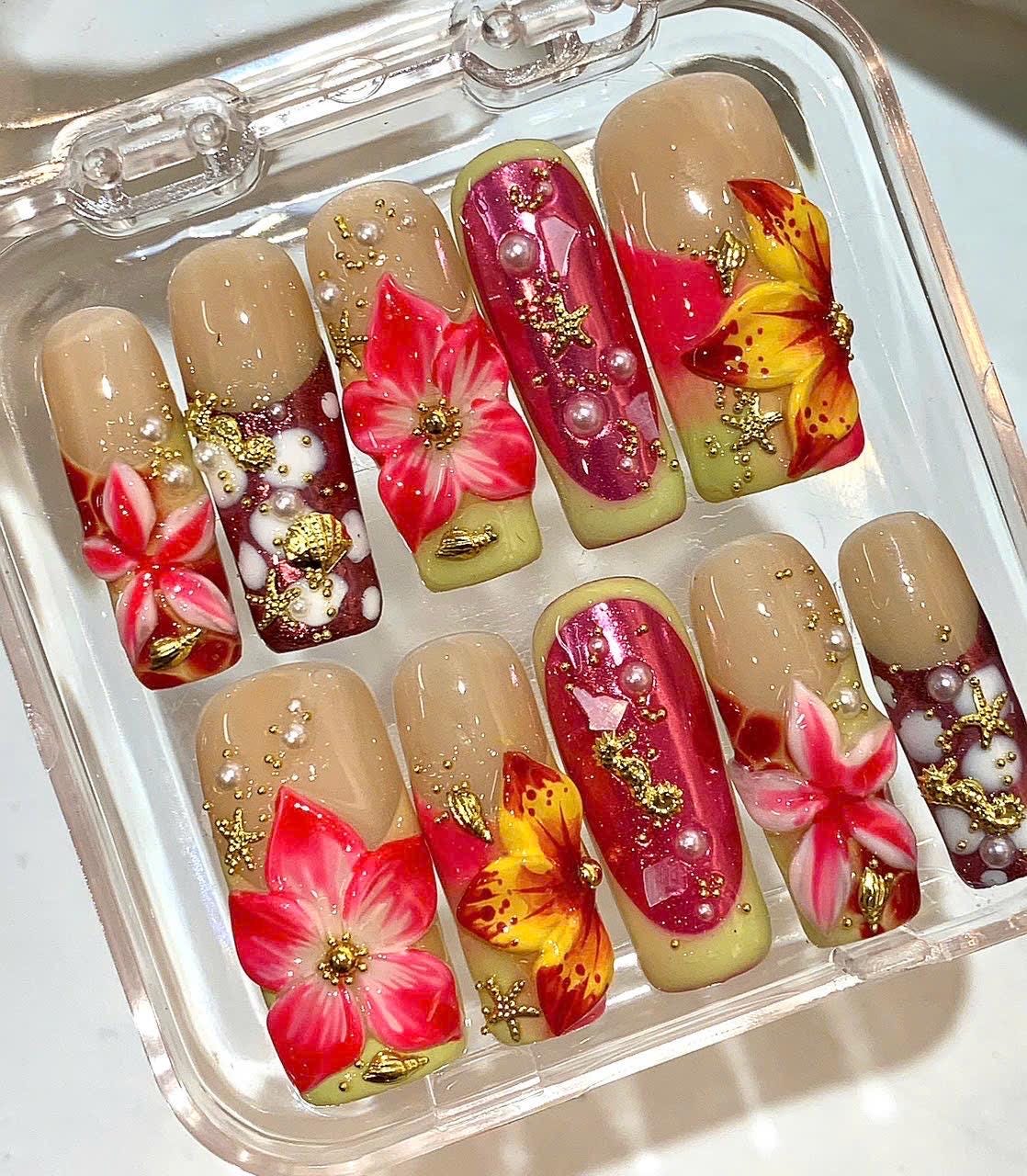 3D Floral Press On Nails | Red Pink Pearl, Gold Charm