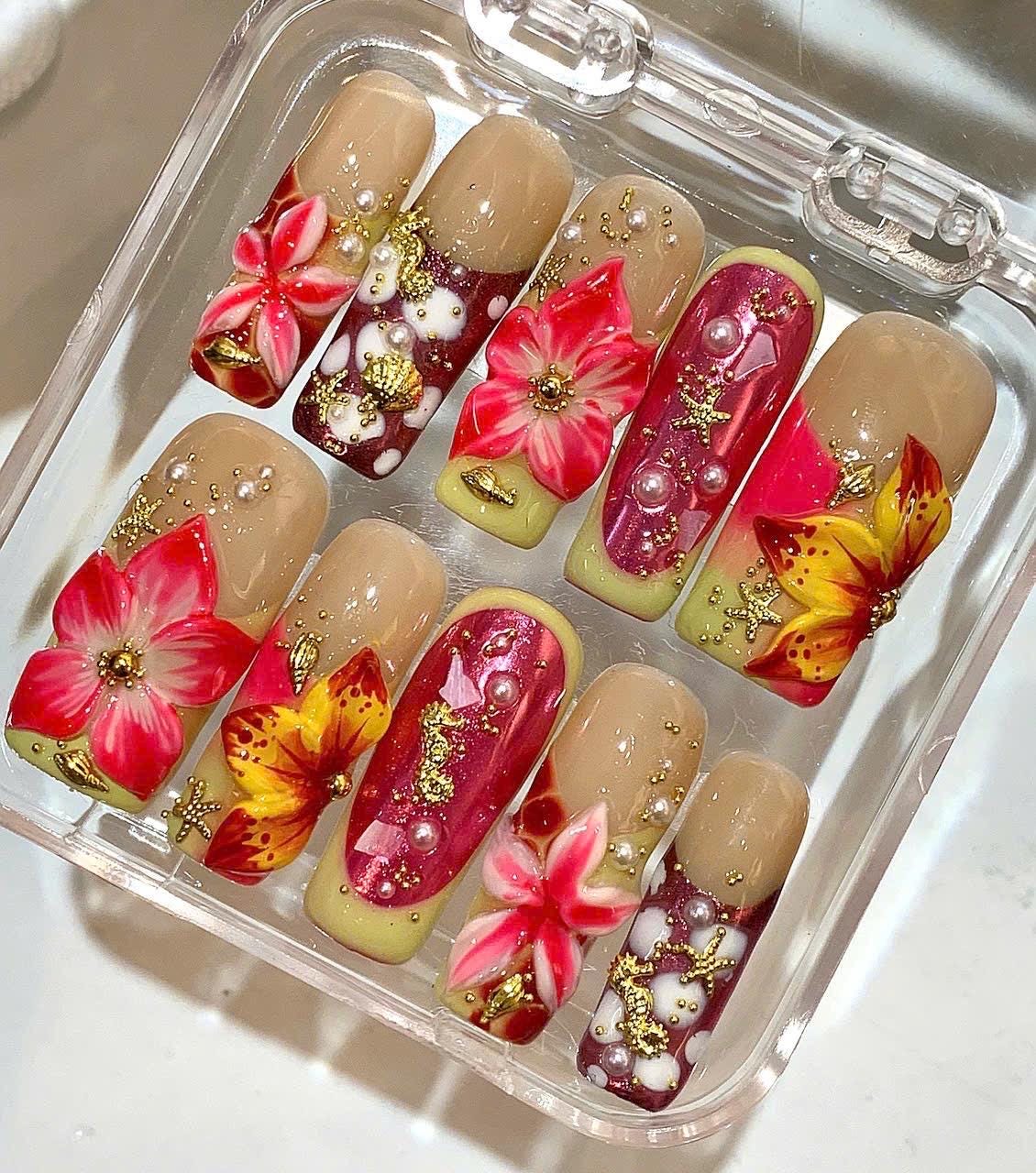 3D Floral Press On Nails | Red Pink Pearl, Gold Charm