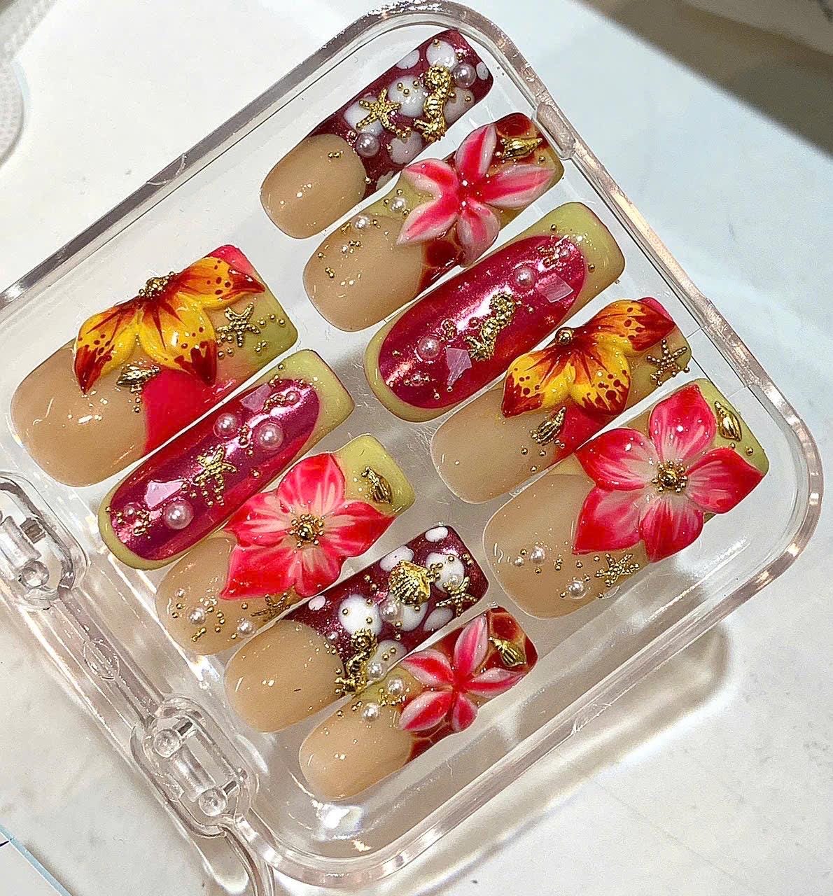 3D Floral Press On Nails | Red Pink Pearl, Gold Charm
