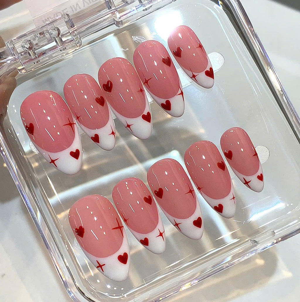 Heart French Tip Press On Nails: Pink & White Valentine's Day Coffin Set