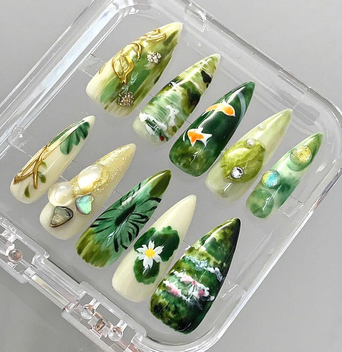 Hand Painted Press On Nails - Green Nature, Koi Fish, Lotus Pond - Custom False Nails