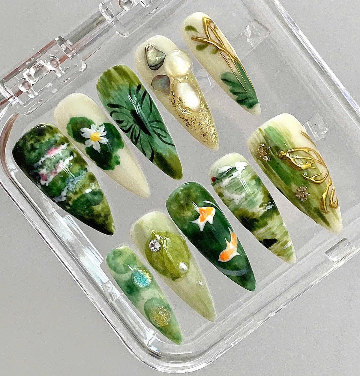 Hand Painted Press On Nails - Green Nature, Koi Fish, Lotus Pond - Custom False Nails