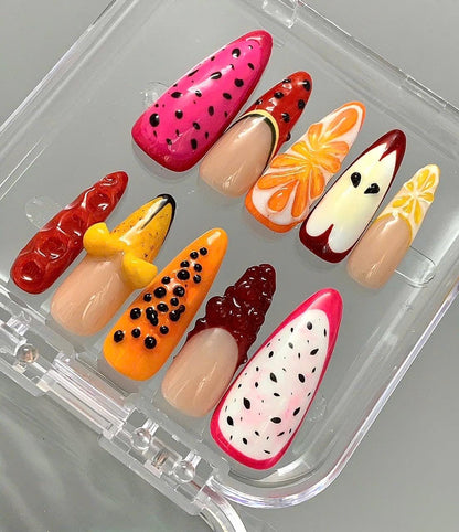 3D Fruit Press On Nails | Handmade Colorful Nail Art Set