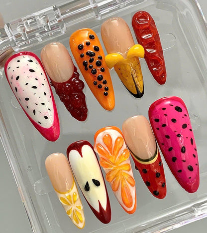 3D Fruit Press On Nails | Handmade Colorful Nail Art Set