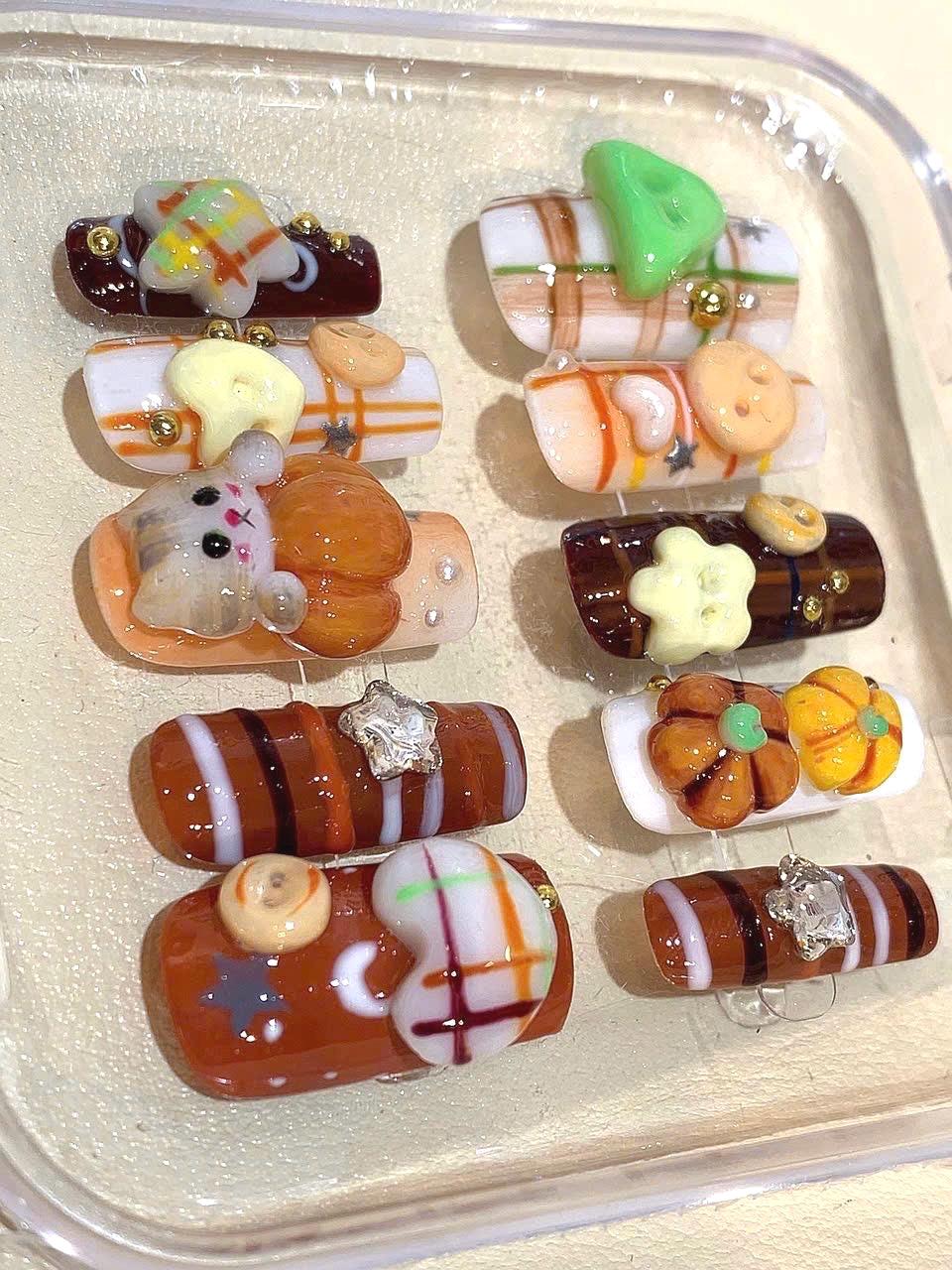 Kawaii Cookie Bear Press On Nails: 3D Autumn Nail Art