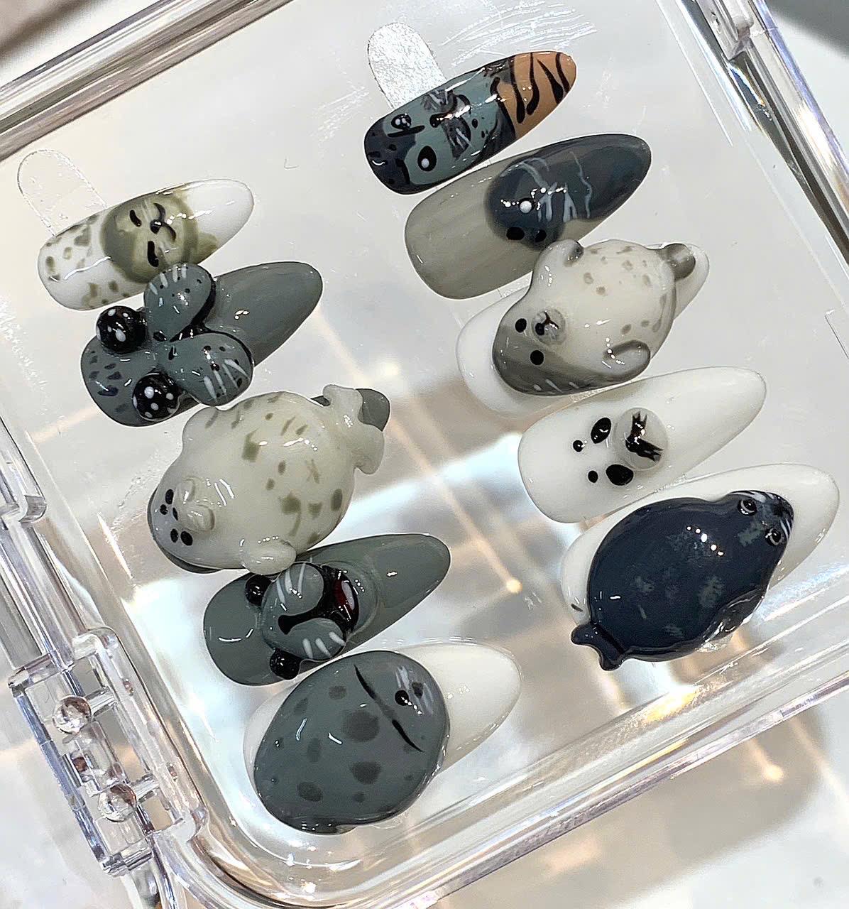 3D Seal Press On Nails, Kawaii Marine Animal Art, Handmade False Nails Set