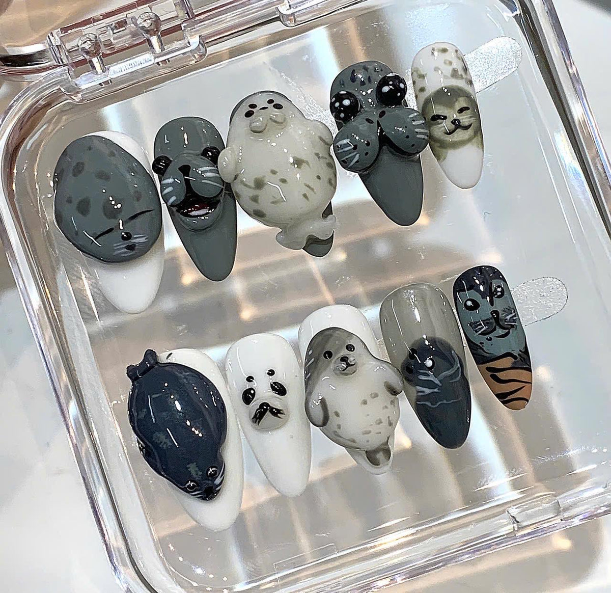 3D Seal Press On Nails, Kawaii Marine Animal Art, Handmade False Nails Set