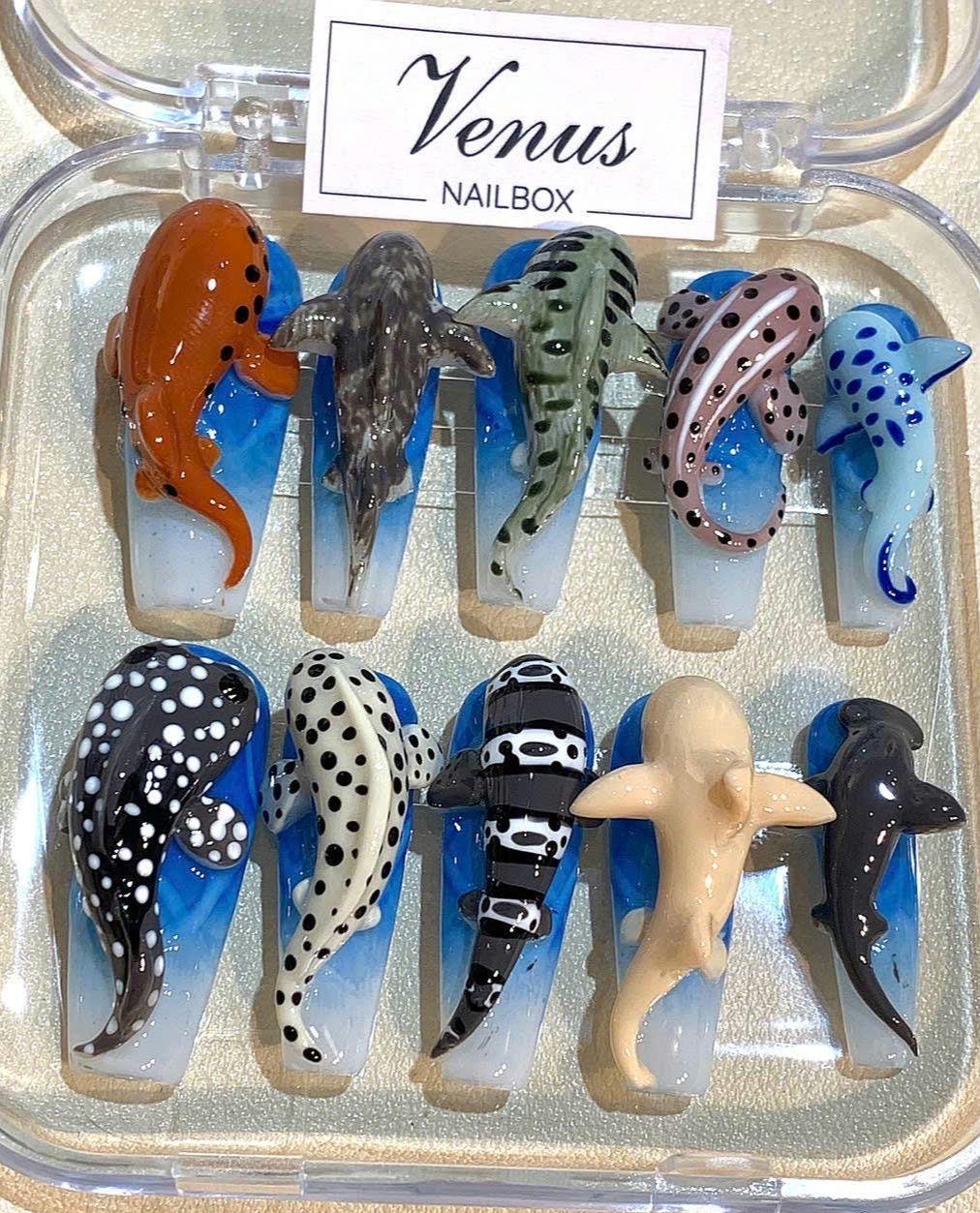 3D Shark Press On Nails: Handmade Ocean Animal Nail Art Set