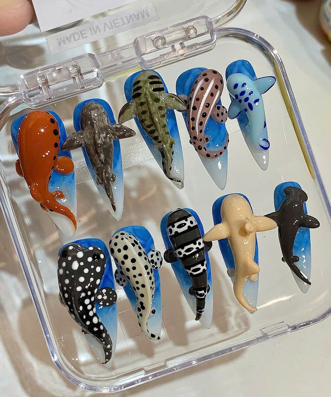 3D Shark Press On Nails: Handmade Ocean Animal Nail Art Set