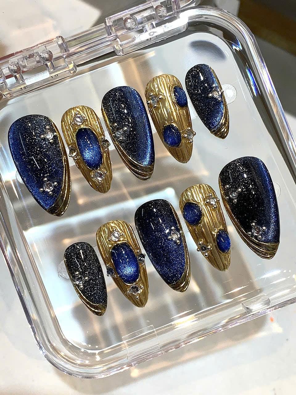 Blue Galaxy Press On Nails: Handmade Glitter, Gold Foil, Rhinestones