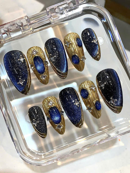 Blue Galaxy Press On Nails: Handmade Glitter, Gold Foil, Rhinestones