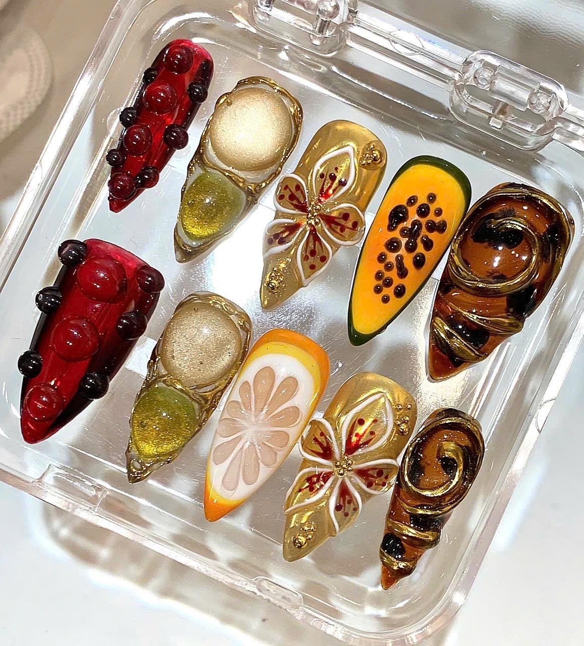 Handmade 3D Flower Press On Nails | Amber Yellow Fruit Nail Art