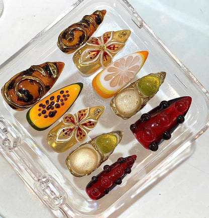 Handmade 3D Flower Press On Nails | Amber Yellow Fruit Nail Art