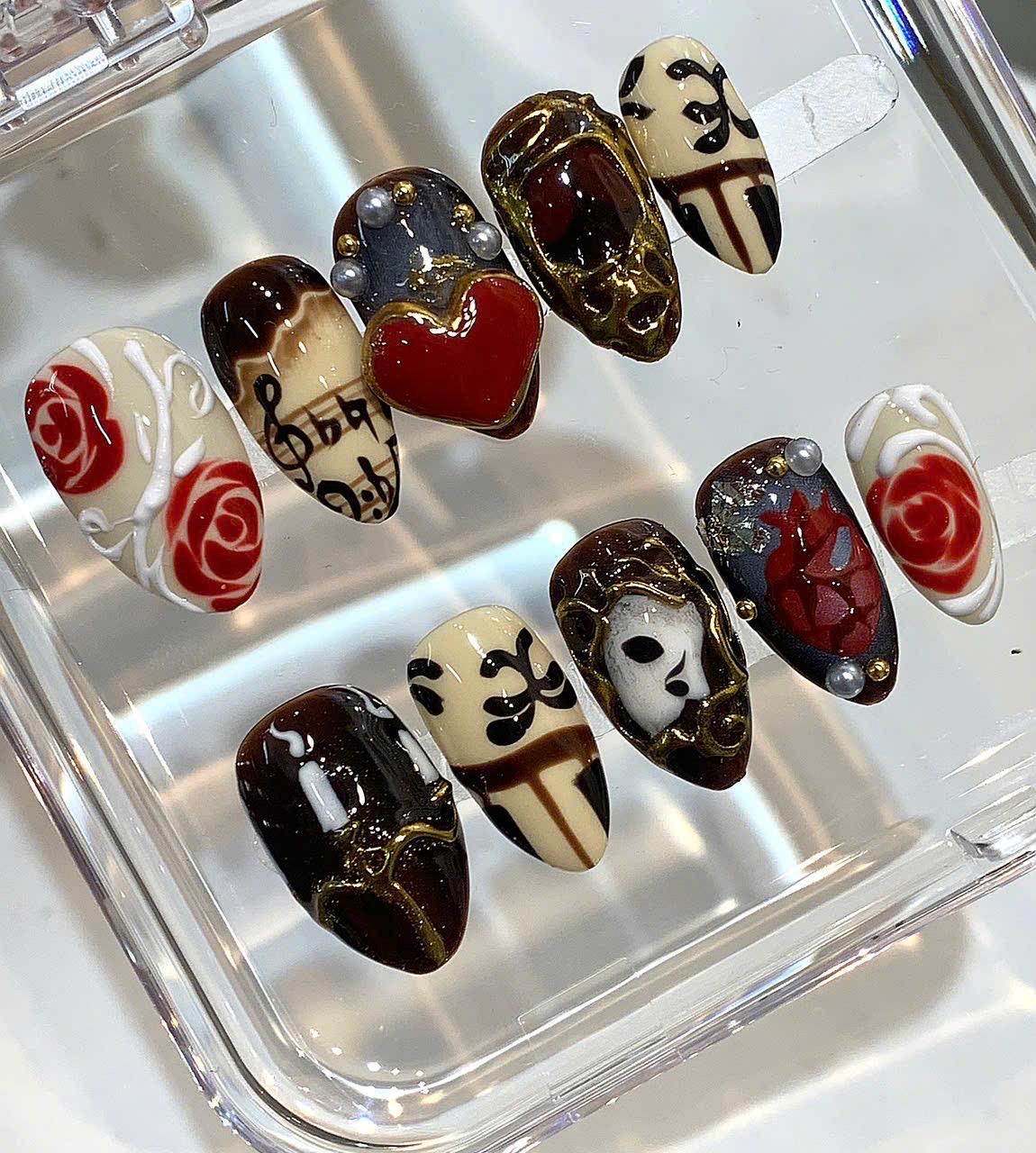 Phantom of the Opera Press On Nails: Gothic Rose Music Note Nail Art