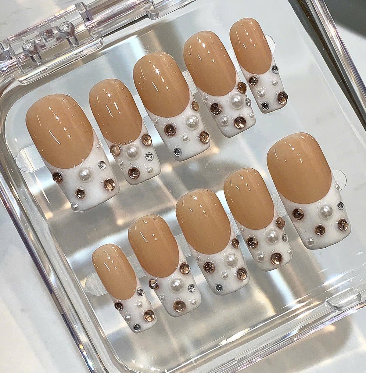 Elegant Nude French Press On Nails | Pearl Rhinestone Nails | Minimal Luxury Fake Nails