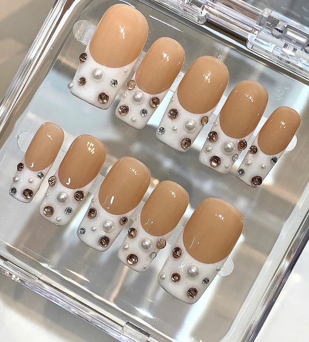 Elegant Nude French Press On Nails | Pearl Rhinestone Nails | Minimal Luxury Fake Nails