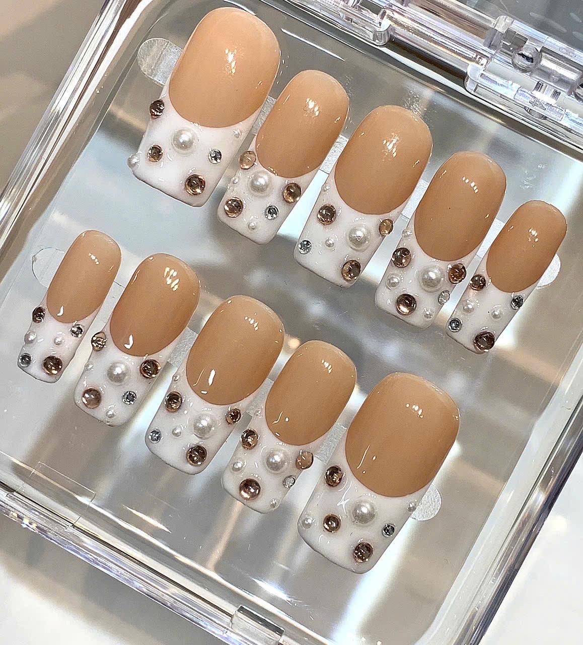 Elegant Nude French Press On Nails | Pearl Rhinestone Nails | Minimal Luxury Fake Nails