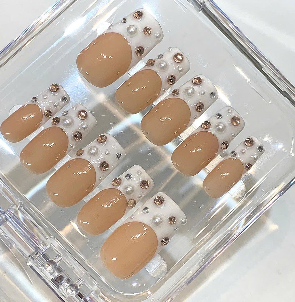 Elegant Nude French Press On Nails | Pearl Rhinestone Nails | Minimal Luxury Fake Nails