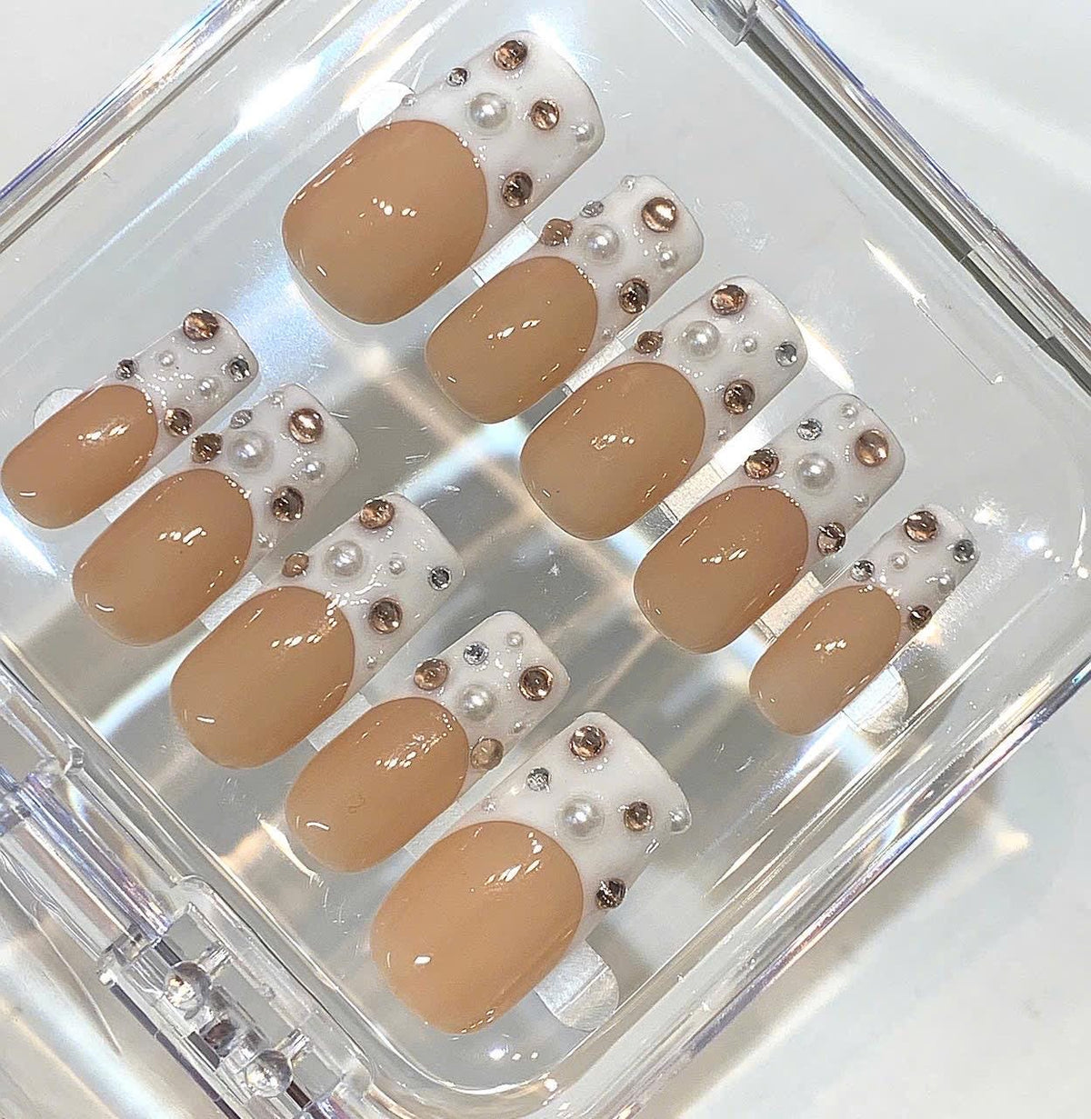 Elegant Nude French Press On Nails | Pearl Rhinestone Nails | Minimal Luxury Fake Nails