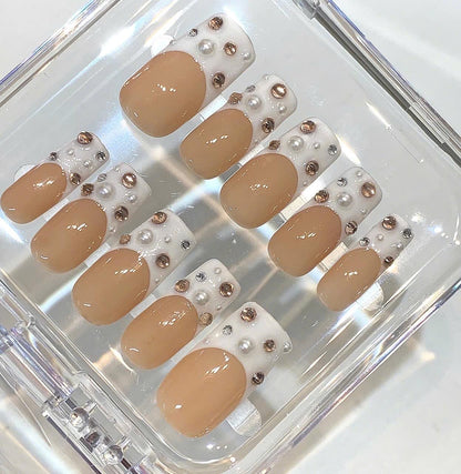 Elegant Nude French Press On Nails | Pearl Rhinestone Nails | Minimal Luxury Fake Nails