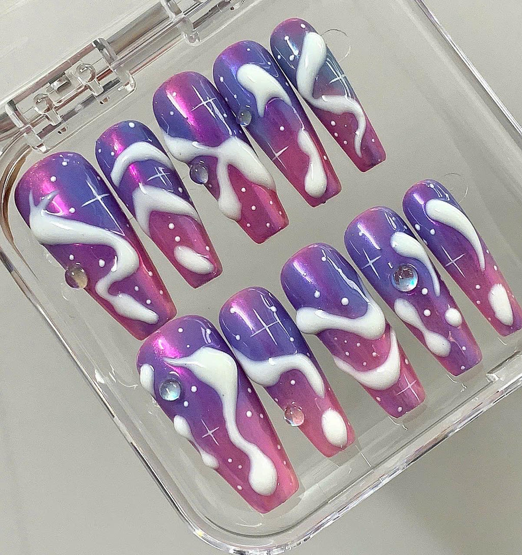 Galaxy Swirl Press On Nails | Purple Pink Ombre Coffin Nails | 3D Swirl Fake Nails