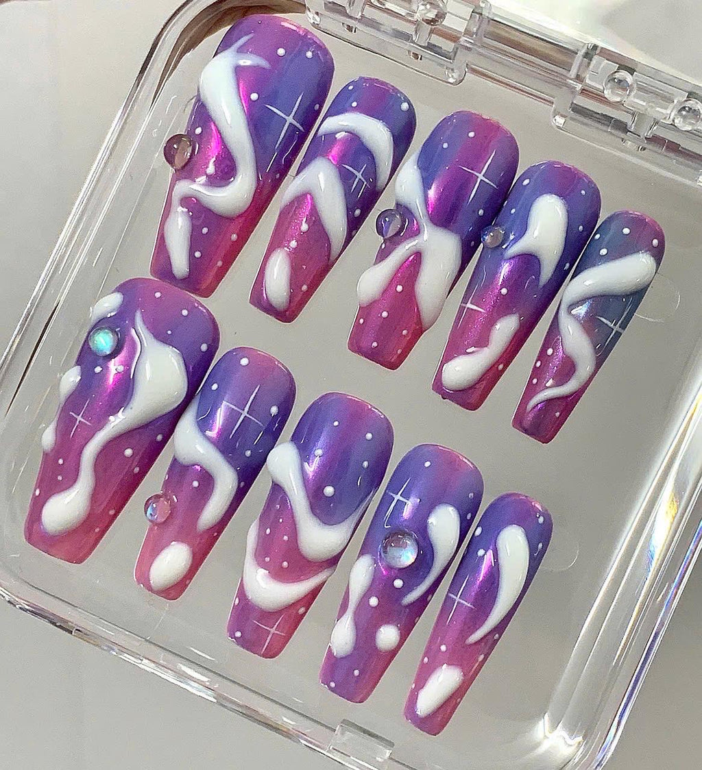 Galaxy Swirl Press On Nails | Purple Pink Ombre Coffin Nails | 3D Swirl Fake Nails