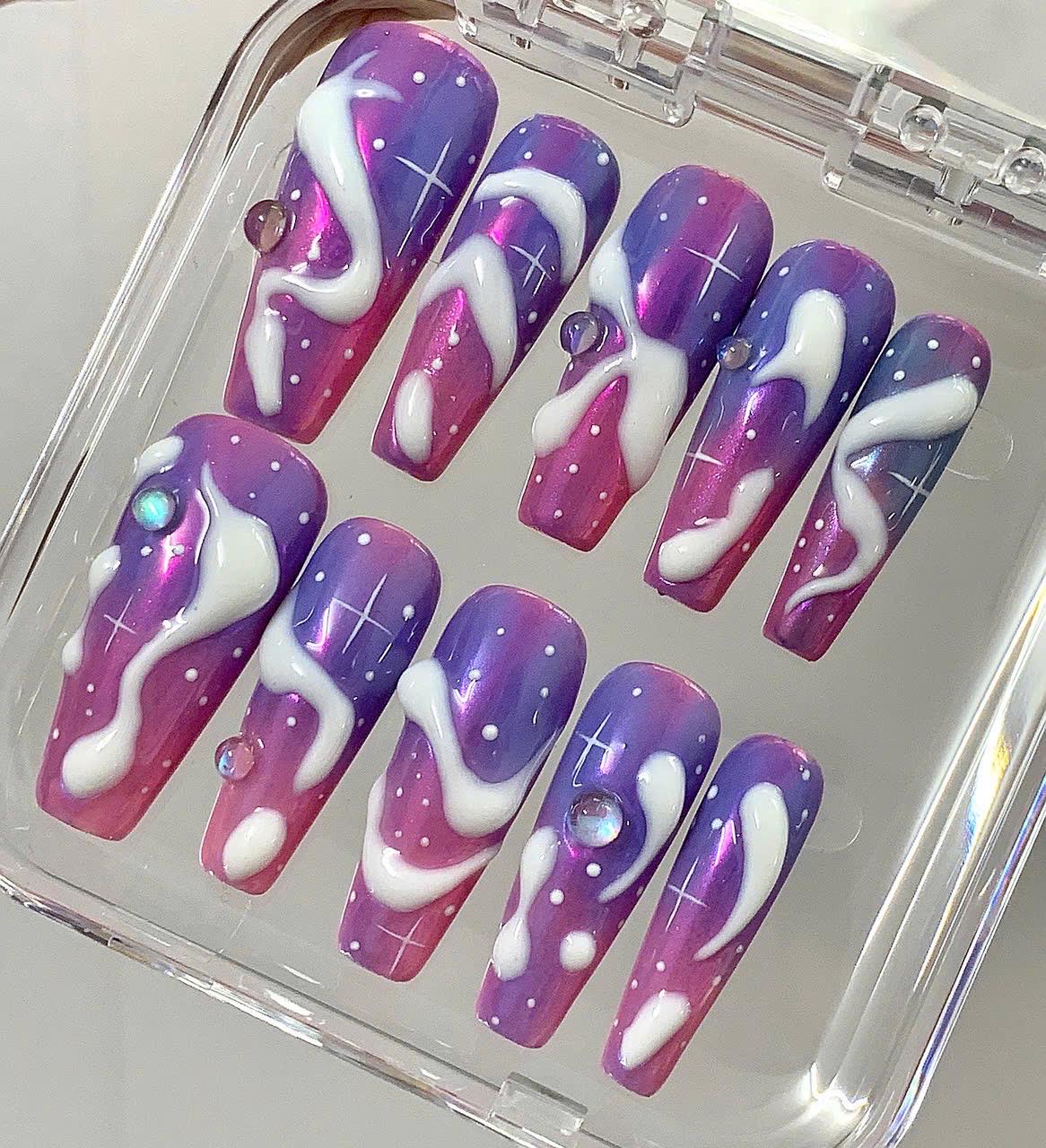 Galaxy Swirl Press On Nails | Purple Pink Ombre Coffin Nails | 3D Swirl Fake Nails