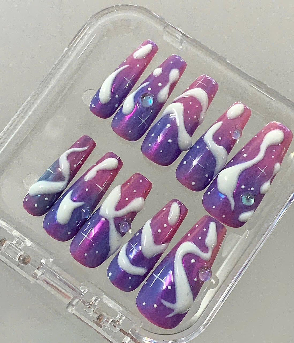 Galaxy Swirl Press On Nails | Purple Pink Ombre Coffin Nails | 3D Swirl Fake Nails