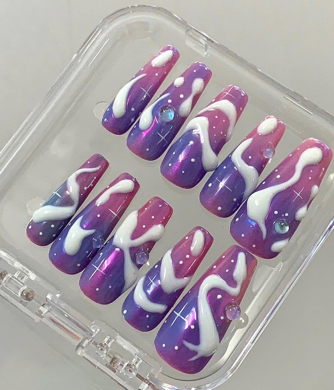 Galaxy Swirl Press On Nails | Purple Pink Ombre Coffin Nails | 3D Swirl Fake Nails