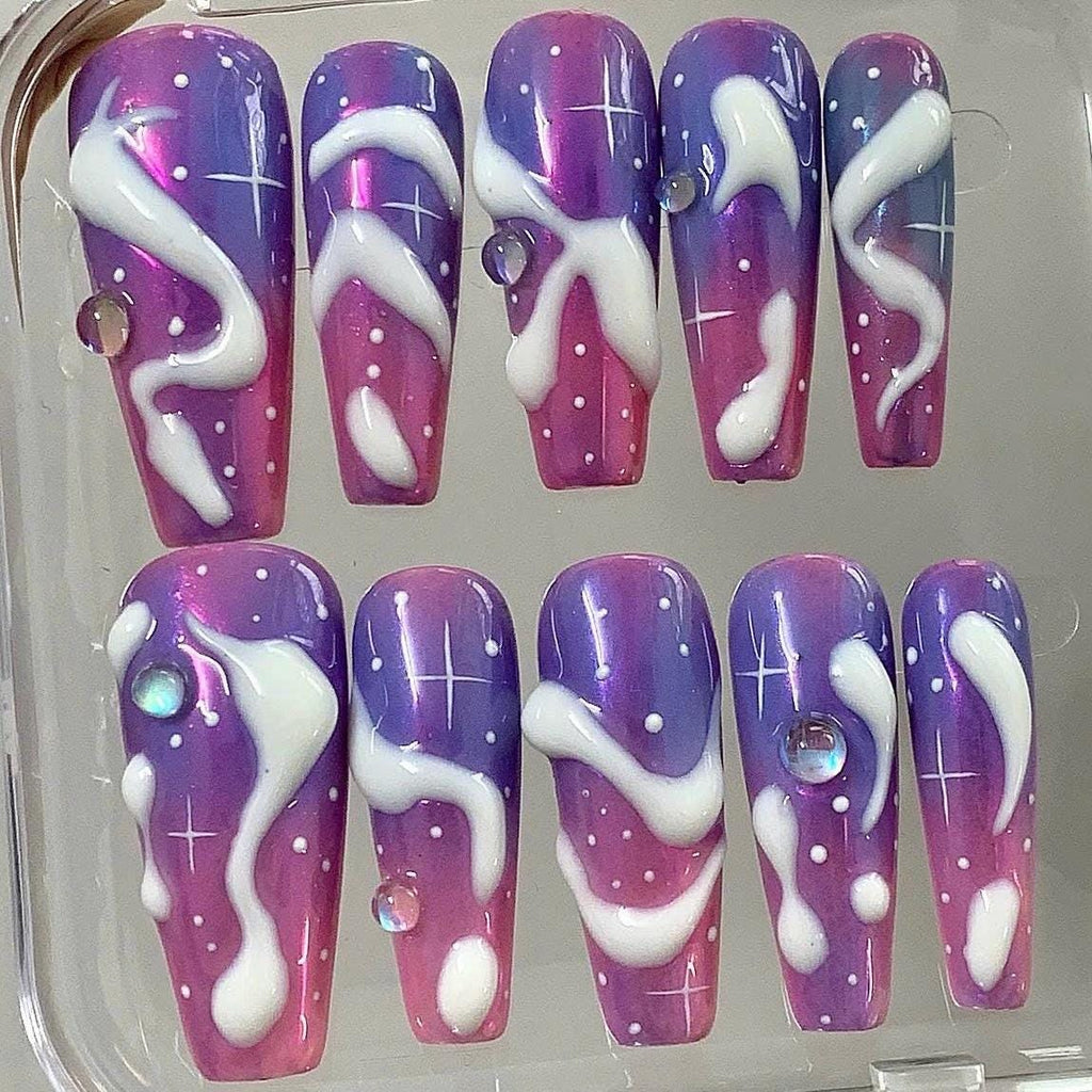 Galaxy Swirl Press On Nails | Purple Pink Ombre Coffin Nails | 3D Swirl Fake Nails