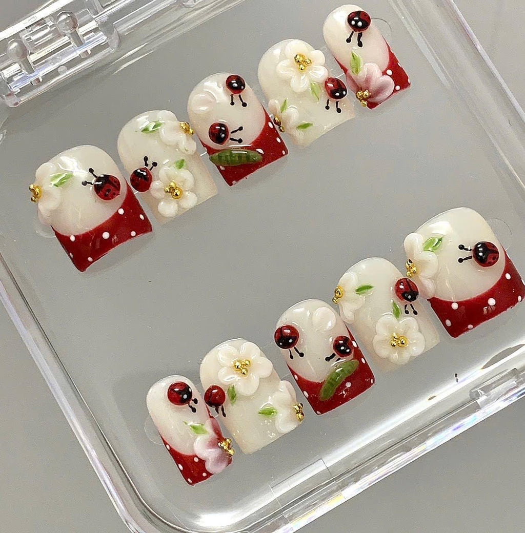 Ladybug Floral Press On Nails | 3D Flower Cute Nails | Red White Polka Dot Fake Nails