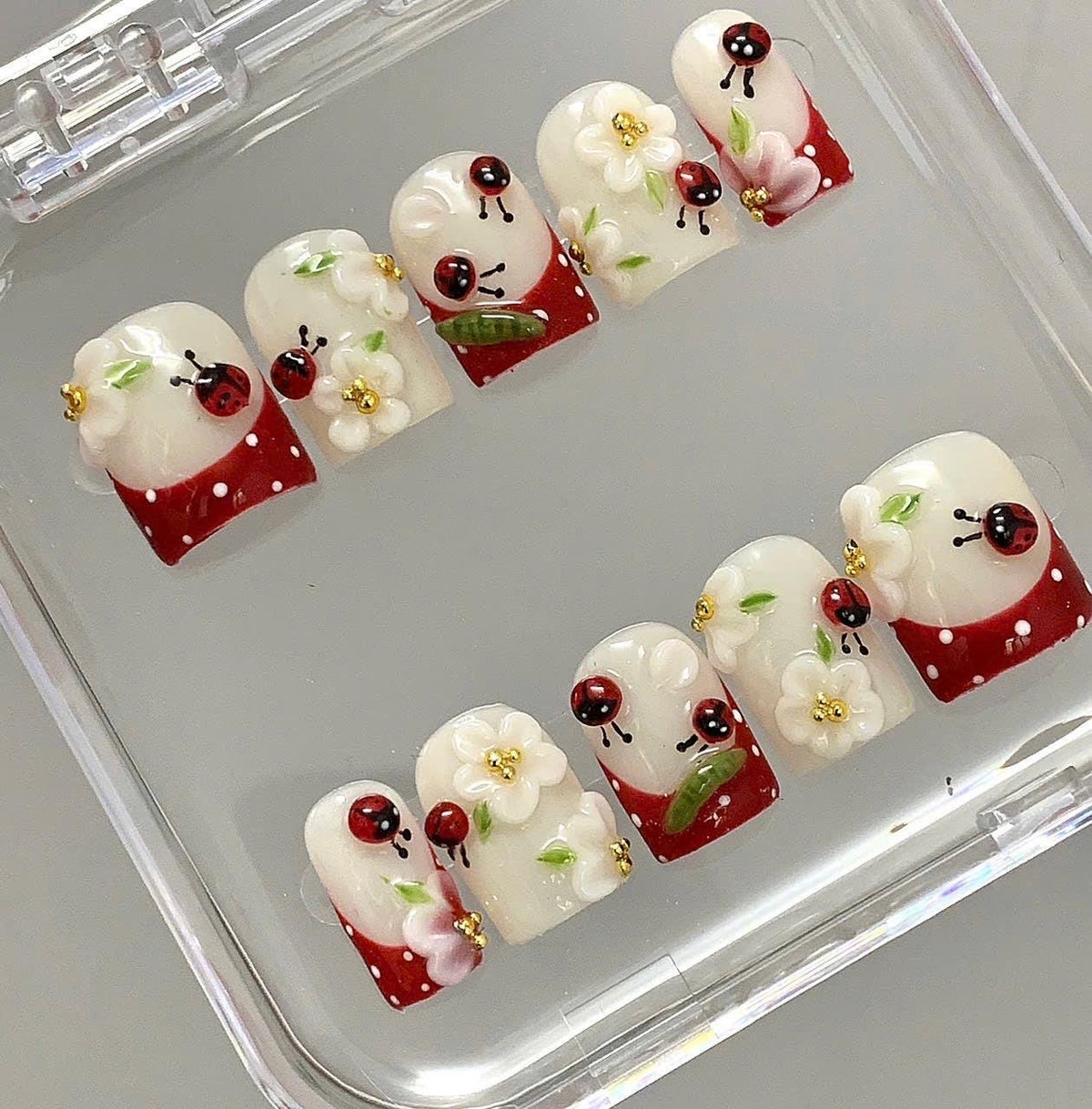 Ladybug Floral Press On Nails | 3D Flower Cute Nails | Red White Polka Dot Fake Nails