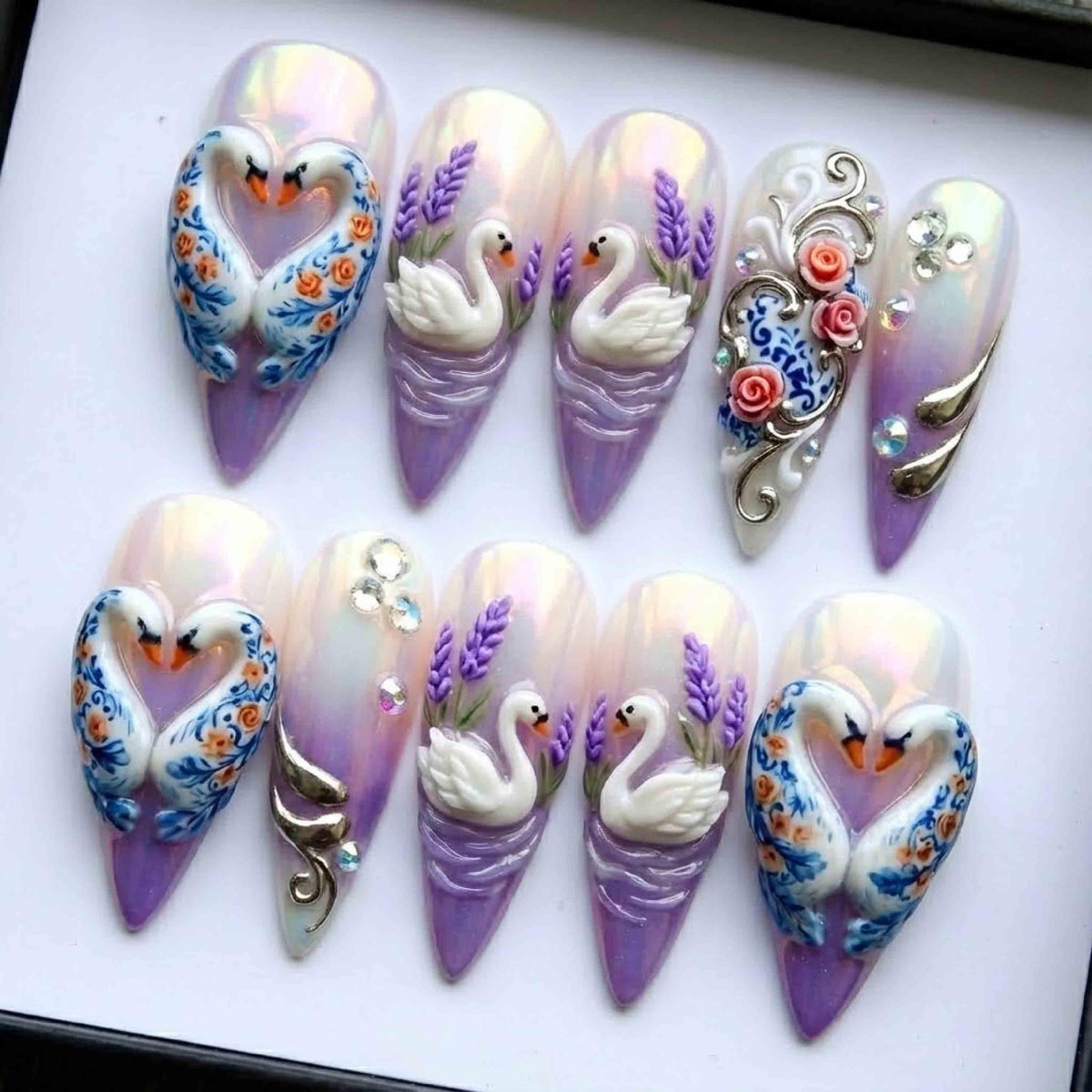 Porcelain Swan Love Purple Press On Nails, Luxury 3D Embossed Lavender & Chrome, Romantic Fairycore Coquette Nails Set