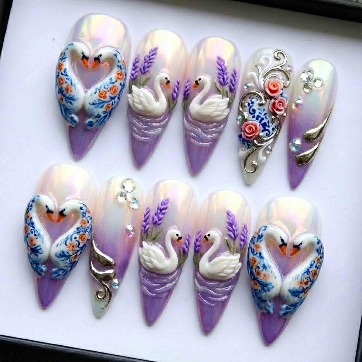 Porcelain Swan Love Purple Press On Nails, Luxury 3D Embossed Lavender & Chrome, Romantic Fairycore Coquette Nails Set