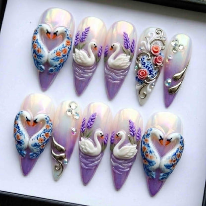 Porcelain Swan Love Purple Press On Nails, Luxury 3D Embossed Lavender & Chrome, Romantic Fairycore Coquette Nails Set