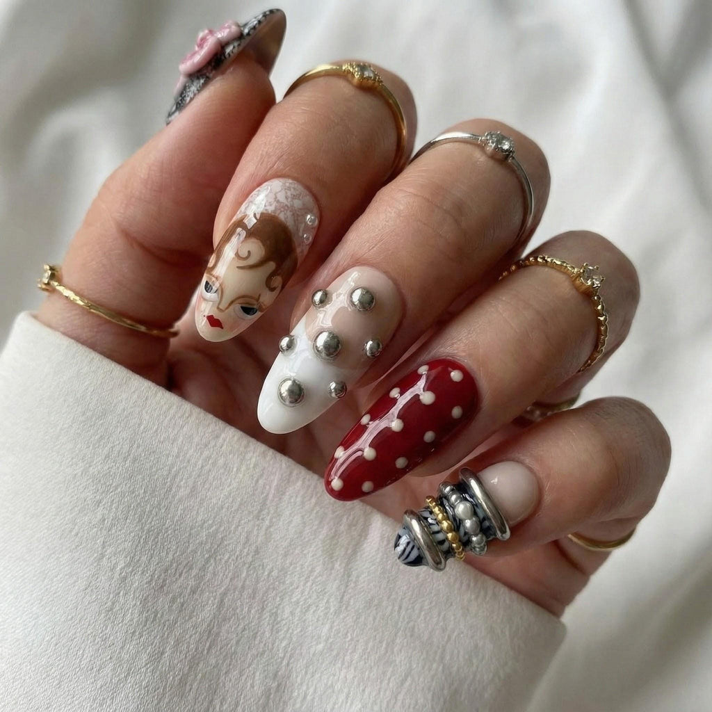 Vintage Doll Press On Nails | Retro Polka Dot & Leopard Nail Art | 3D Sculpted Character Nails | Statement Long Almond Nails | JB277H