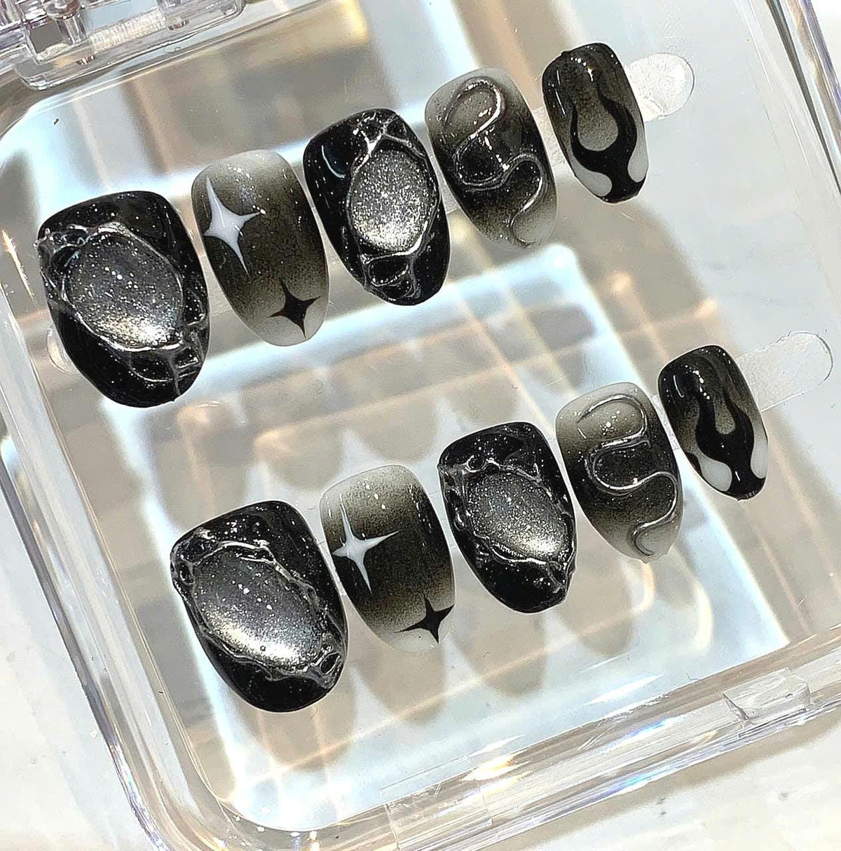 Black Silver Snake Press On Nails: Gothic Chrome Halloween Nail Art