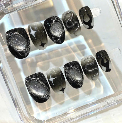 Black Silver Snake Press On Nails: Gothic Chrome Halloween Nail Art