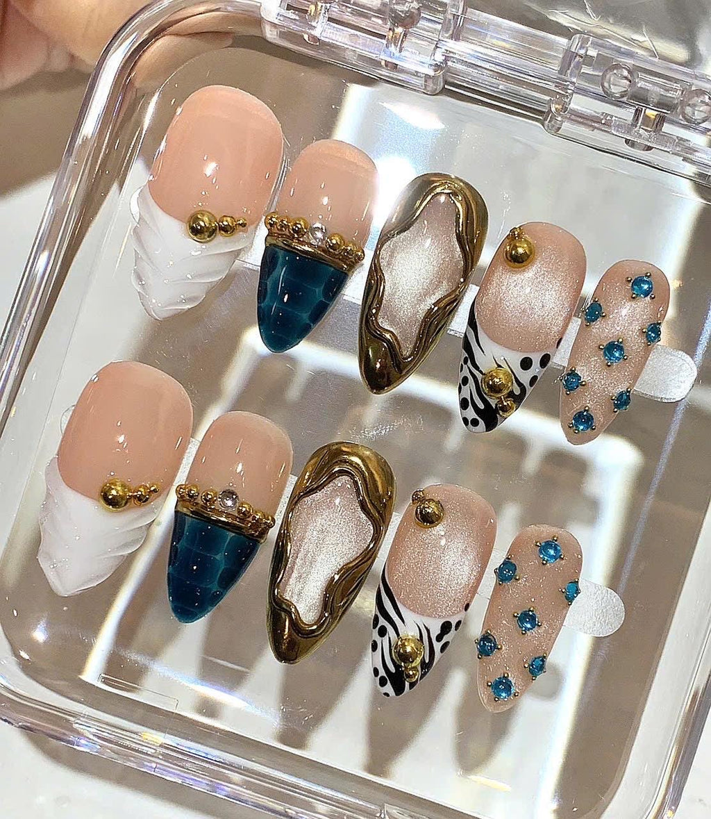 Luxury Gold Blue Press On Nails | Nude White Nail Art Set | Rhinestone Accent Nails