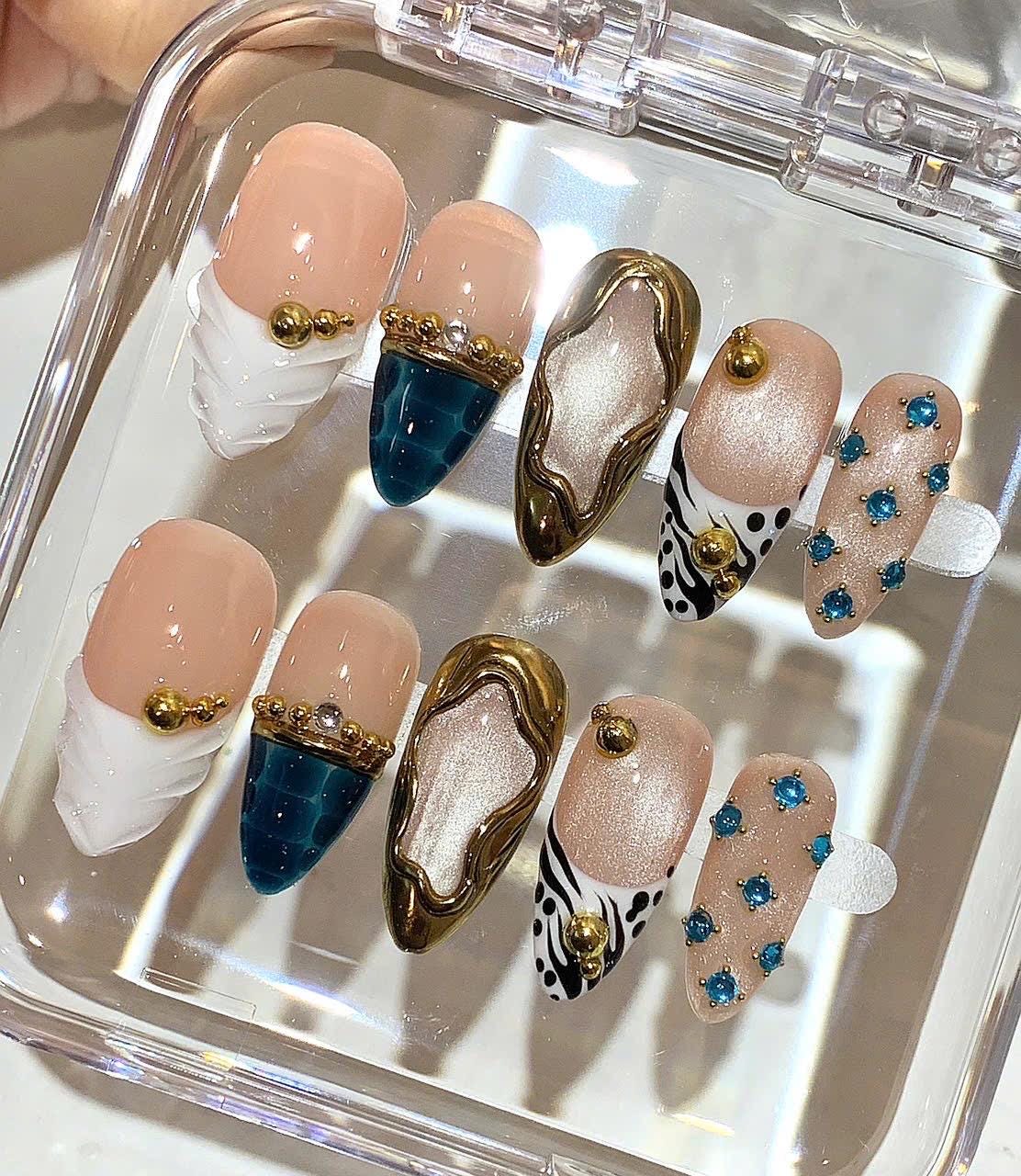 Luxury Gold Blue Press On Nails | Nude White Nail Art Set | Rhinestone Accent Nails