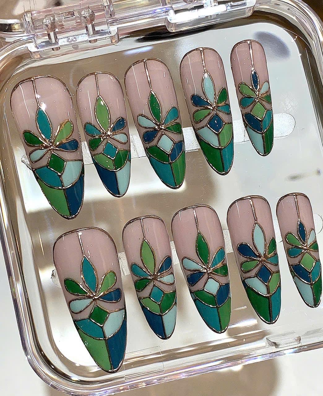 Stained Glass Press On Nails – Nude Floral, Handmade Nail Tips