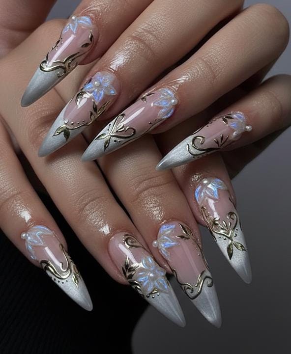 Spring Nude Blossom Pressons Nails | Dusty Mauve Floral Nails | Iridescent 3D Flower Nail Art | Gold Vine Luxury Nail Set | JB267EC