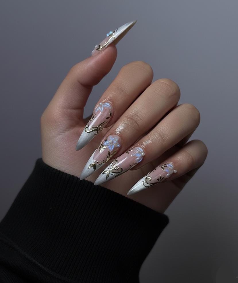 Spring Nude Blossom Pressons Nails | Dusty Mauve Floral Nails | Iridescent 3D Flower Nail Art | Gold Vine Luxury Nail Set | JB267EC