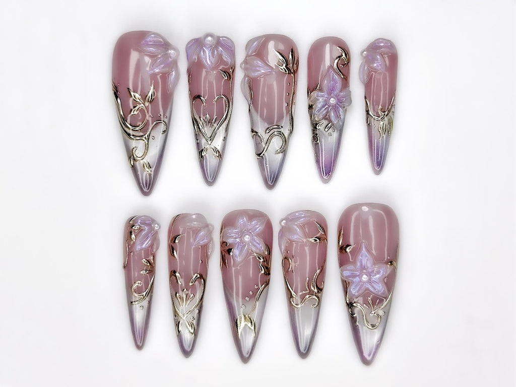 Spring Nude Blossom Pressons Nails | Dusty Mauve Floral Nails | Iridescent 3D Flower Nail Art | Gold Vine Luxury Nail Set | JB267EC