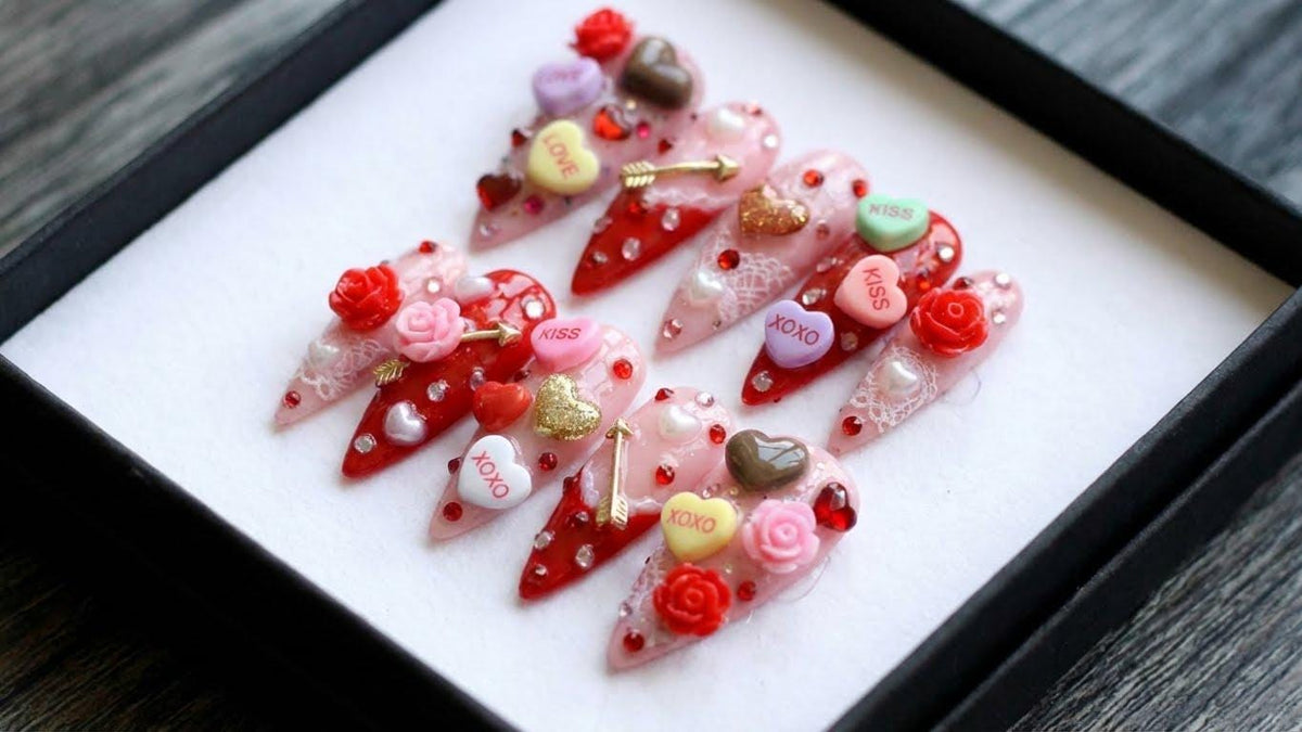 Valentines Day Red Pink Heart Press On Nails, Luxury 3D Rose Crystal Charms, Coquette Y2K Nails Set
