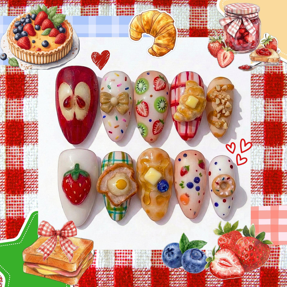 Cute Dessert Food Press On Nails for Teen Girls | Strawberry Pancake 3D Nails for Picnic Parties | Kawaii Fruit Nail for Sweet Lovers|JB280H